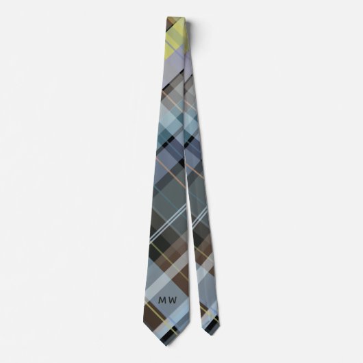 モノグラムイニシャルプレイドダスティブルーグレーブラウンシック ネクタイ (正面)
