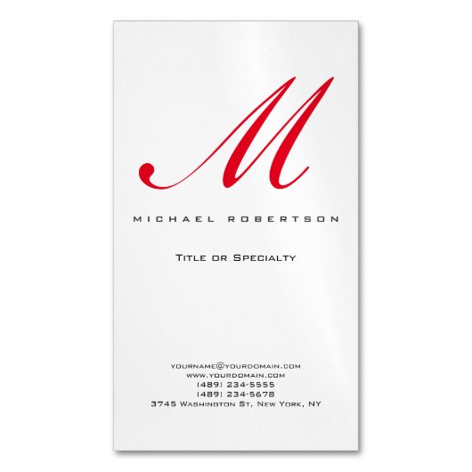 モノグラムイニシャルホワイトレッドミニマルユニークリスト マグネット名刺 (正面縦)