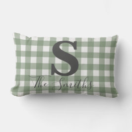 モノグラムイニシャルライトグリーンバッファロープレイド ランバークッション