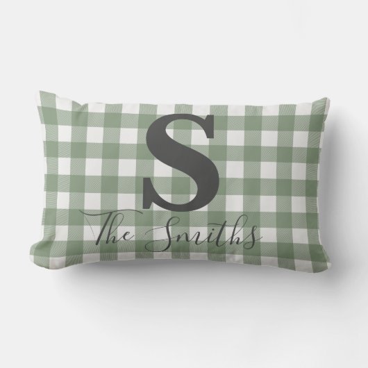 モノグラムイニシャルライトグリーンバッファロープレイド ランバークッション (正面)