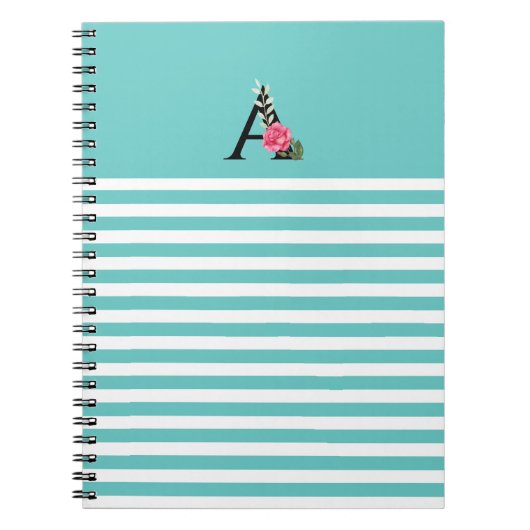 モノグラムイニシャルレターホワイトピンクローズストライプローズ ノートブック (正面)