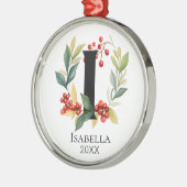 モノグラムイニシャルレターIベリーリースクリスマス メタルオーナメント (左)