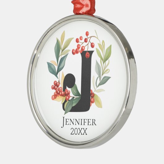 モノグラムイニシャルレターJベリーリースクリスマス メタルオーナメント (左)