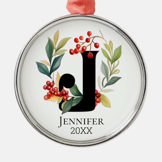 モノグラムイニシャルレターJベリーリースクリスマス メタルオーナメント (正面)