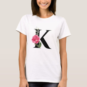 モノグラムイニシャルレターKブラックとピンクローズ Tシャツ