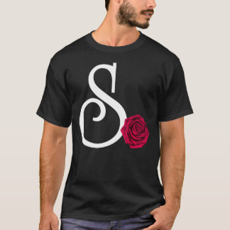 モノグラムイニシャルレターSと赤バラ付きブラックB Tシャツ