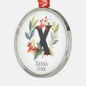 モノグラムイニシャルレターXベリーリースクリスマス メタルオーナメント (左)