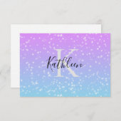 モノグラムイニシャル名ピンクブルースパークルガーリー サンキューカード (正面/裏面)