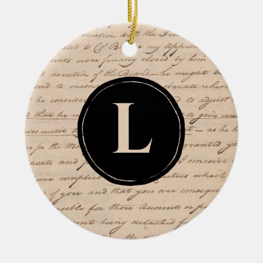 モノグラムイニシャル手書き紙アンティーク文字 セラミックオーナメント (正面)