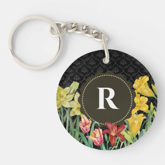 モノグラムイニシャル春の花ダマスク背景 キーホルダー (正面)
