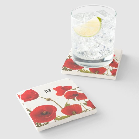 モノグラムイニシャル春レッドポピーフラワーズフローラ ストーンコースター (横)
