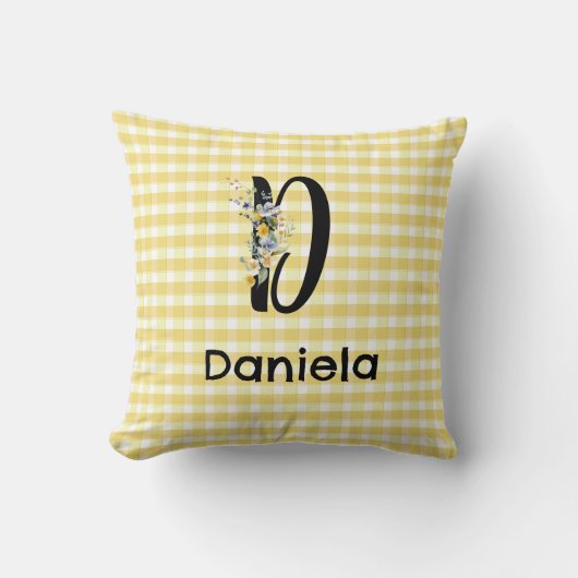 モノグラムイニシャル水彩花ギンガムパターン クッション (正面)