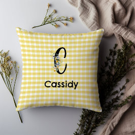 モノグラムイニシャル水彩花ギンガムパターン クッション