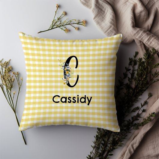 モノグラムイニシャル水彩花ギンガムパターン クッション