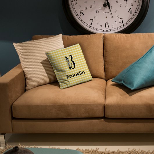 モノグラムイニシャル水彩花ギンガムパターン クッション