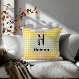 モノグラムイニシャル水彩花ギンガムパターン クッション