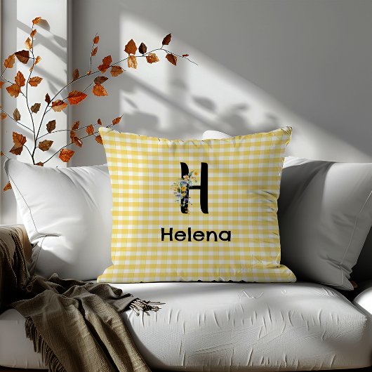 モノグラムイニシャル水彩花ギンガムパターン クッション
