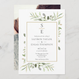 モノグラムイニシャル緑の葉の写真結婚の 招待状