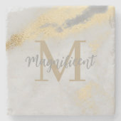 モノグラムイニシャル金ゴールドとグレーマーブル ストーンコースター (正面)