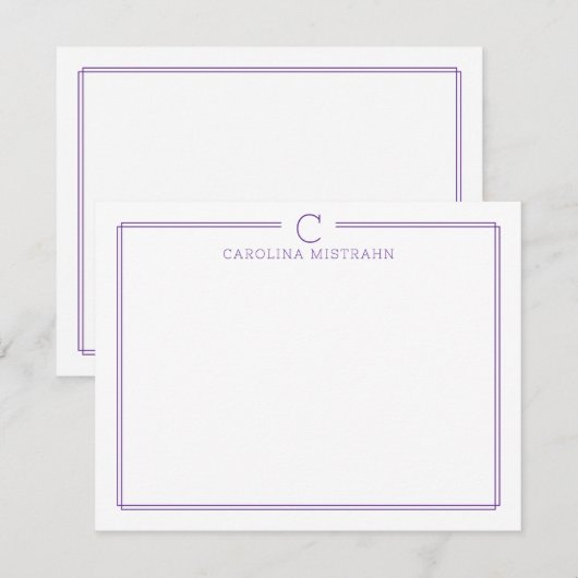 モノグラムイニシャル カジュアル パープル ボーダー ステーショナリー ノートカード (正面/裏面)