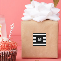 モノグラムイニシャル クラシック おしゃれ クール ブラック＆ホワイト ストライプ スクエアシール