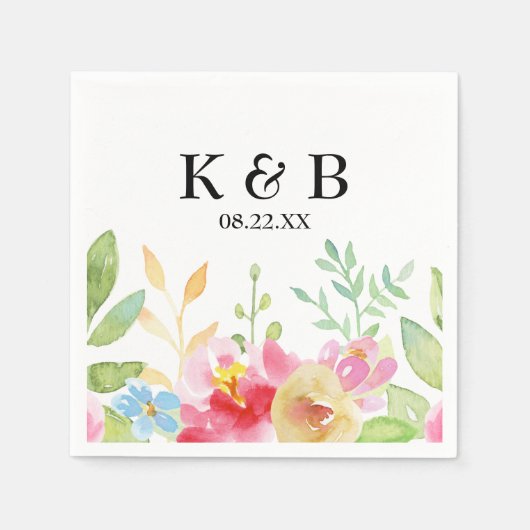 モノグラムイニシャル(日付と水色の花を含む) スタンダードカクテルナプキン (正面)