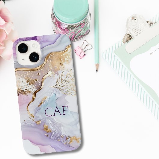 モノグラムイニシャル 紫 青 ゴールド 水彩画ウォッシュ Case-Mate iPhoneケース