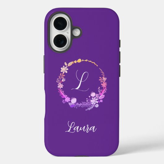 モノグラムイニシャル 高級カスタムネーム 紫の花 Case-Mate iPhoneケース (裏面)