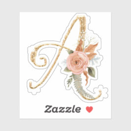 モノグラムイニシャルA金ゴールドグリッター牡丹バラフローラ シール