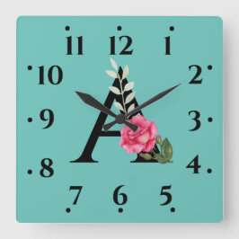 モノグラムイニシャルA （白いピンクのバラ） スクエア壁時計