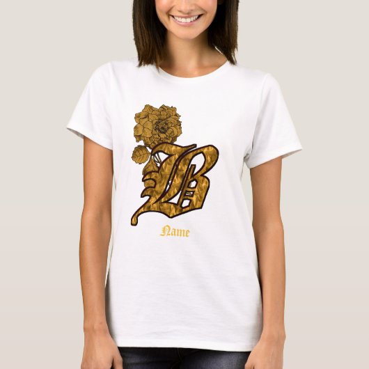 モノグラムイニシャルB金色の芍薬の花のオーダーメイドデザイン Tシャツ (正面)