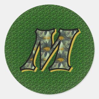 モノグラムイニシャルMブラックデイジーステッカー ラウンドシール