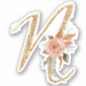 モノグラムイニシャルN金ゴールドグリッター牡丹バラフローラ シール (正面)