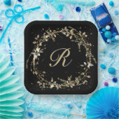 モノグラムイン金ゴールド白熱［赤熱］光を放つリースオンブラック ペーパープレート (パーティー)