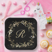 モノグラムイン金ゴールド白熱［赤熱］光を放つリースオンブラック ペーパープレート (パーティー)