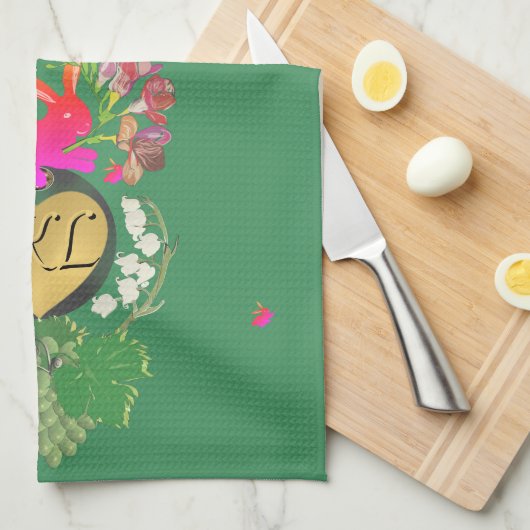 モノグラムイースターバニーグリーンフルーツとフローラ キッチンタオル (四つ折り)