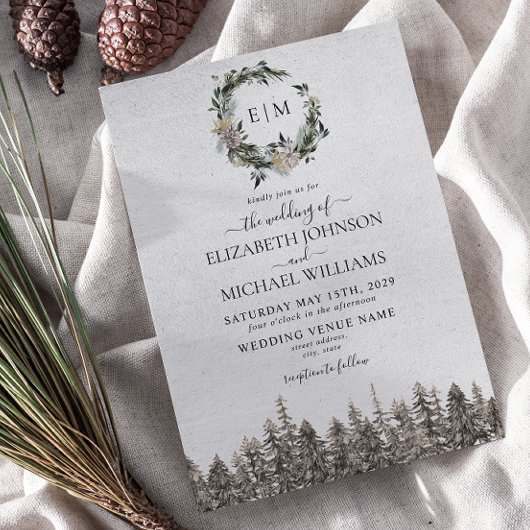 モノグラムウィンターウォーターフローラリース結婚ズ 招待状