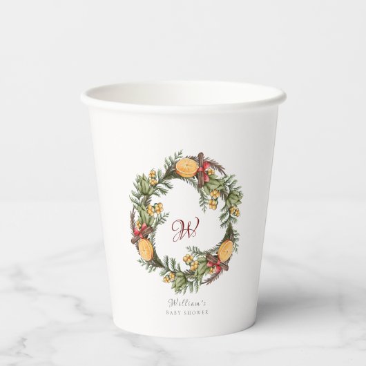 モノグラムウィンタークリスマスリースベビーシャワー 紙コップ (裏面)