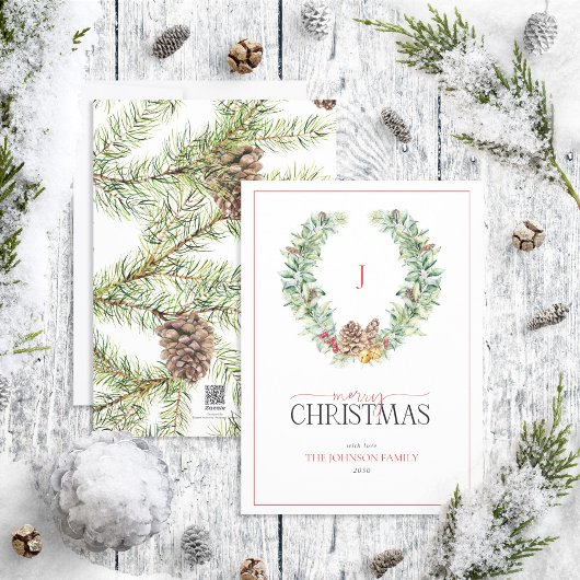 モノグラムウィンターコーンベリーリースメリークリスマス シーズンカード