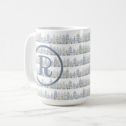 モノグラムウォーターカラーアムステルダムハウスオランダパターン コーヒーマグカップ (正面左)