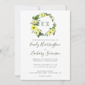 モノグラムウォーターカラーイエローフローラリース結婚ズ 招待状 (正面)