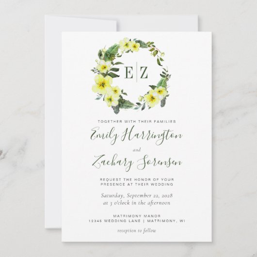 モノグラムウォーターカラーイエローフローラリース結婚ズ 招待状 (正面)