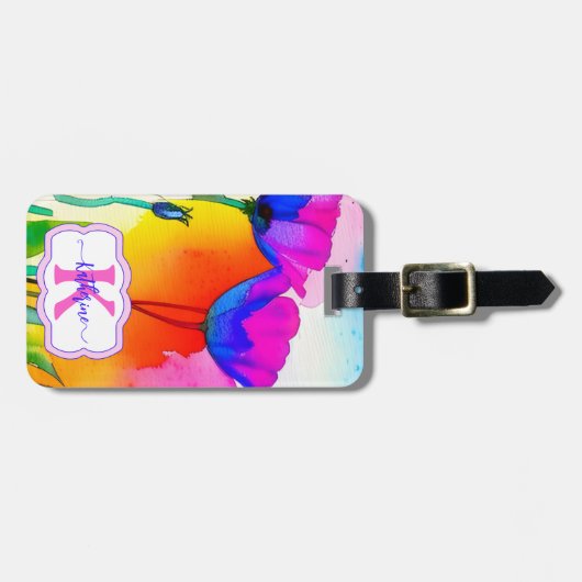 モノグラムウォーターカラーカスタムフローラピンクポピー ラゲッジタグ (正面横)