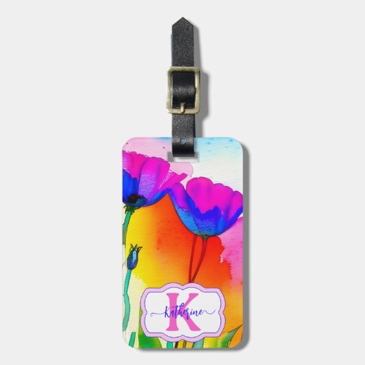 モノグラムウォーターカラーカスタムフローラピンクポピー ラゲッジタグ (正面縦)
