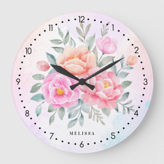 モノグラムウォーターカラーグラデーションピンクローズペニーズ ラージ壁時計 (正面)