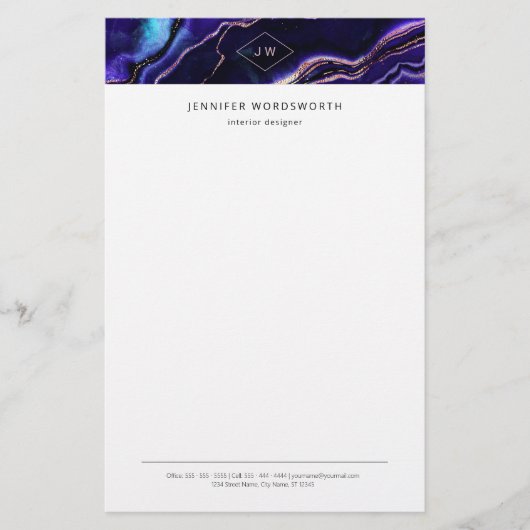 モノグラムウォーターカラーゲード深いブルーパープルアゲート 便箋 (正面)