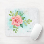 モノグラムウォーターカラーターコイズウッドピンクローズ マウスパッド (マウス)
