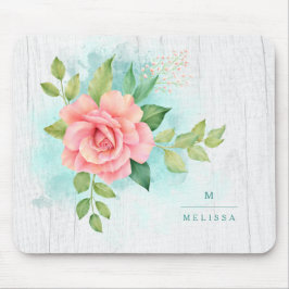 モノグラムウォーターカラーターコイズウッドピンクローズ マウスパッド