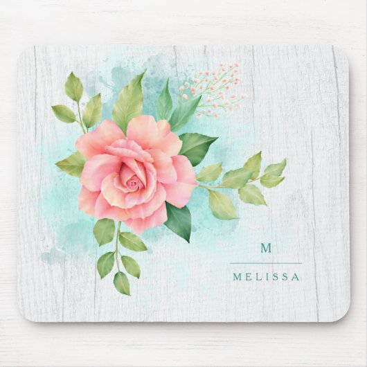 モノグラムウォーターカラーターコイズウッドピンクローズ マウスパッド (正面)