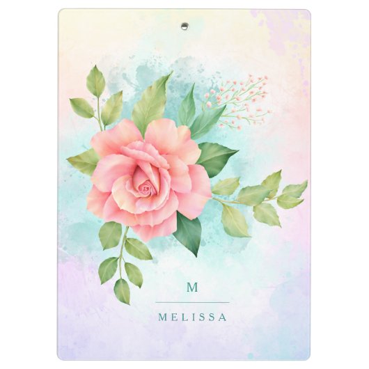 モノグラムウォーターカラーターコイズグラデーションピンクローズ クリップボード (裏面)